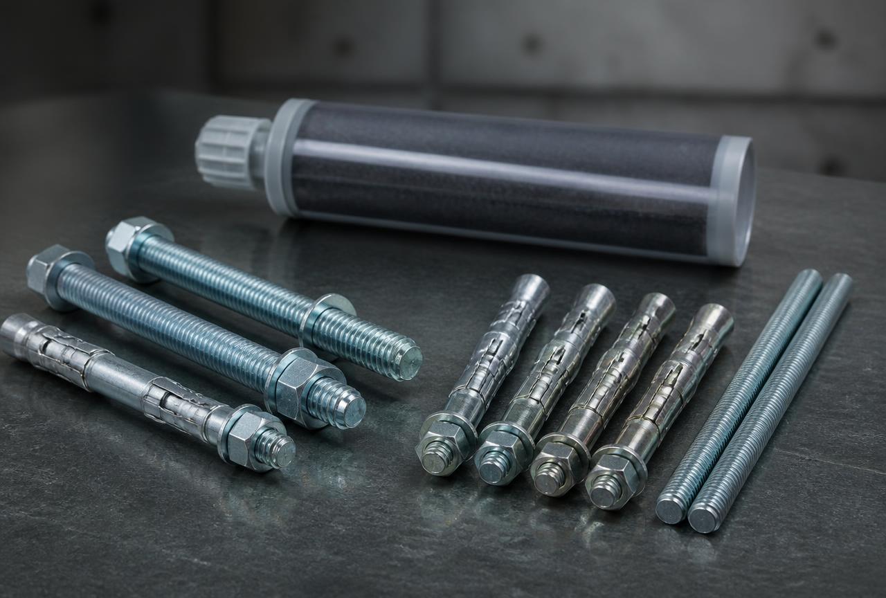 Galvanised through bolts, sleeve anchors, threaded studs and a chemical anchor resin cartridge on a dark surface