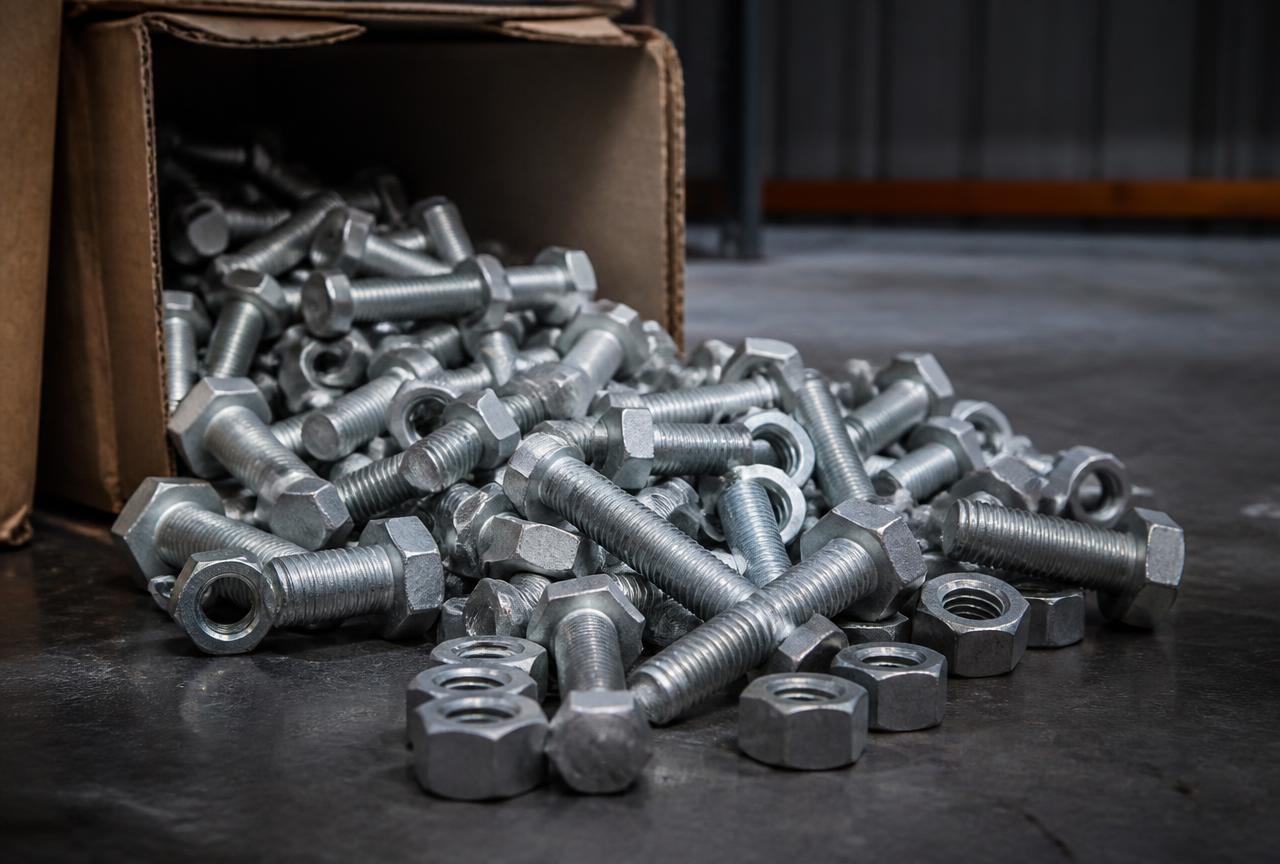 Bulk hot-dip galvanised grade 8.8 hex bolts and hex nuts spilling from a carton on a workshop bench