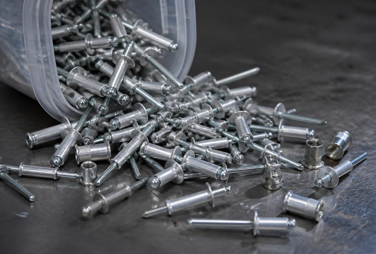 Bulk aluminium blind pop rivets with steel mandrels and threaded rivet nuts spilling from a tub