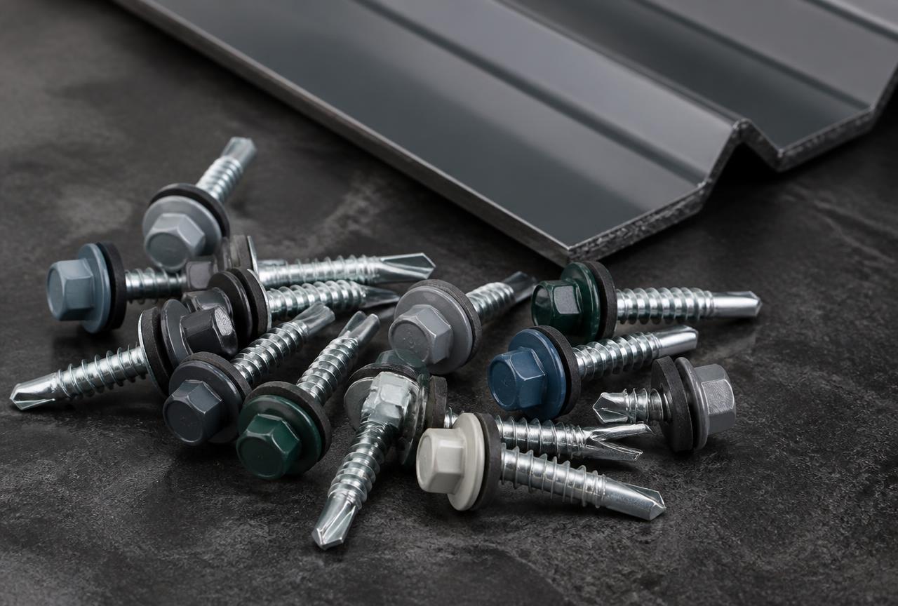 Roofing screws with hex heads, bonded black EPDM sealing washers and colour-matched heads beside a corrugated roof sheet