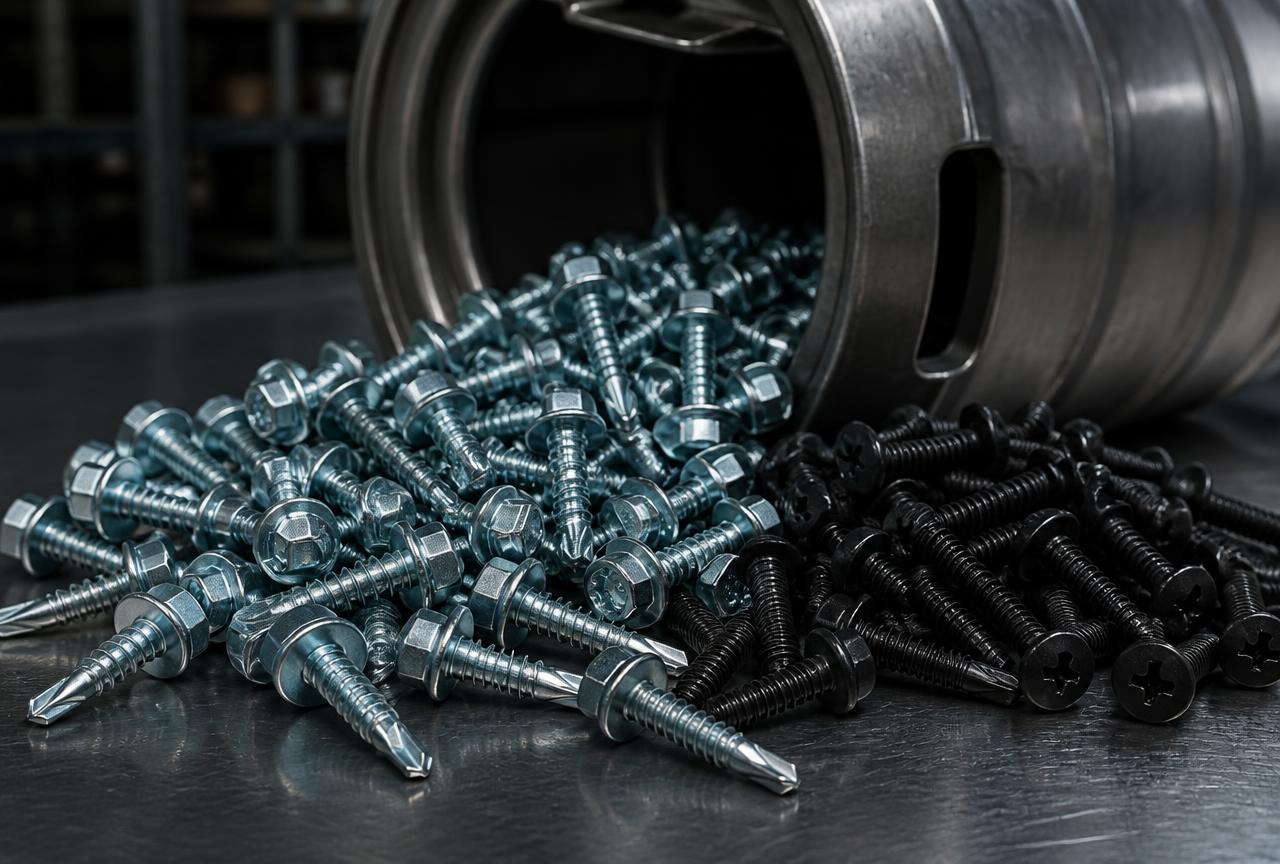 Bulk zinc plated self-drilling tek screws with hex washer heads and black phillips drive screws on a steel bench