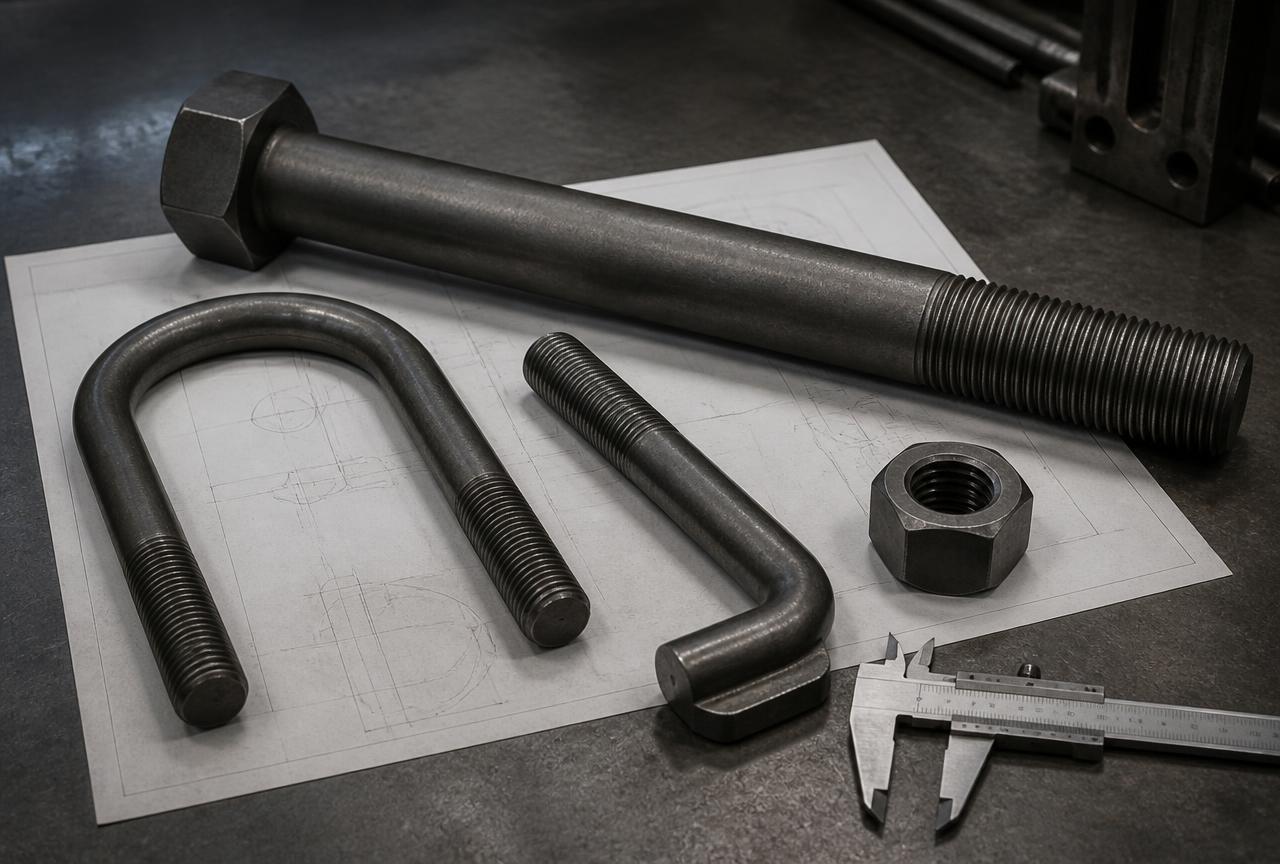 Non-standard fasteners made to drawing: a long large-diameter hex bolt, U-bolt, L-shaped anchor bolt and heavy hex nut on an engineering drawing