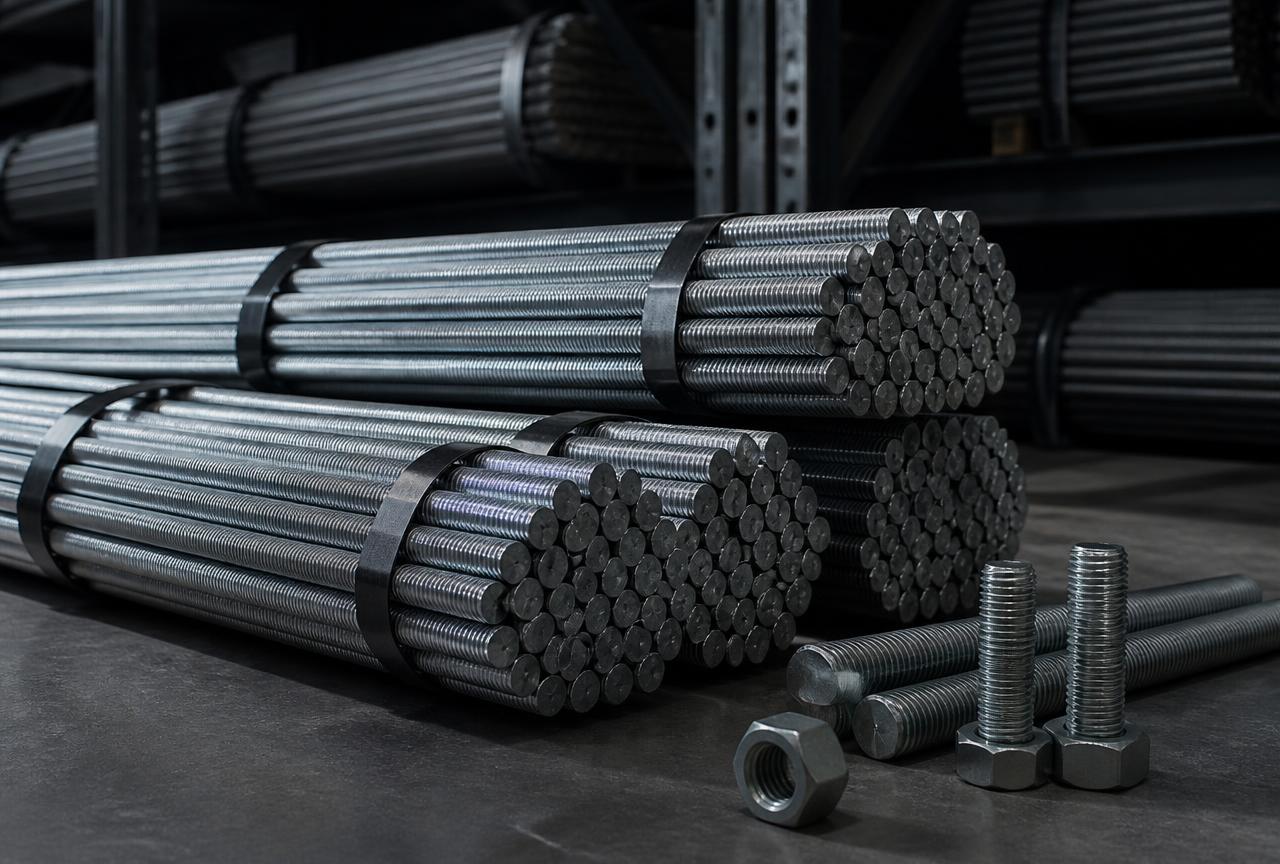 Banded bundles of galvanised fully threaded rod with stud bolts and hex nuts in a warehouse