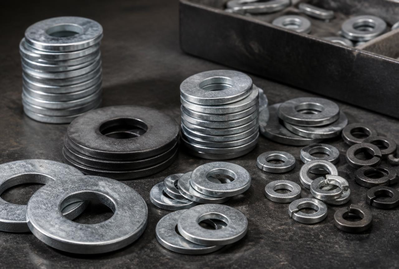 Stacks of galvanised flat washers, spring washers and hardened structural washers on a dark workbench